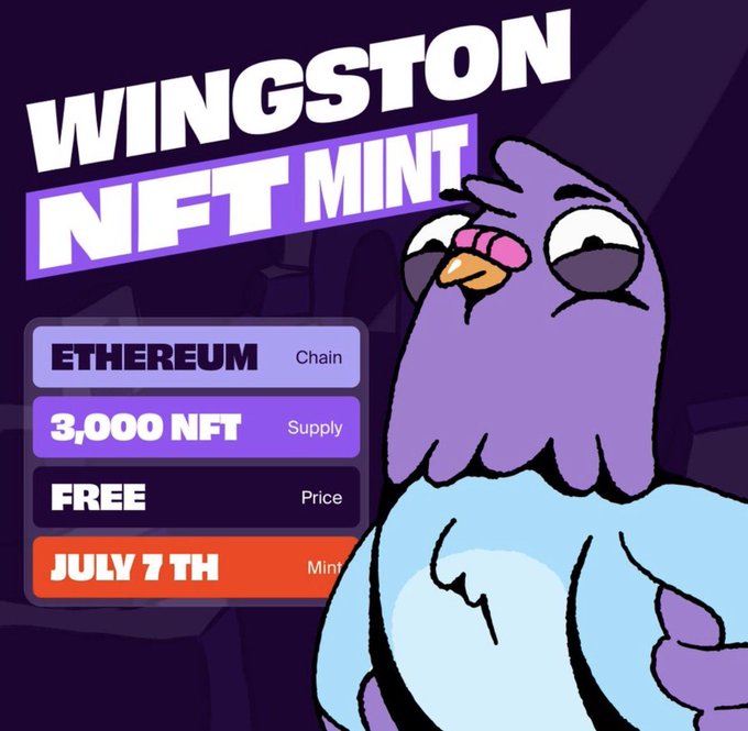 A purple-themed NFT mint announcement poster for 'WINGSTON NFT MINT' featuring a purple owl/bird character, with details: Ethereum Chain, 3,000 NFT Supply, FREE Price, and July 7th Mint date.