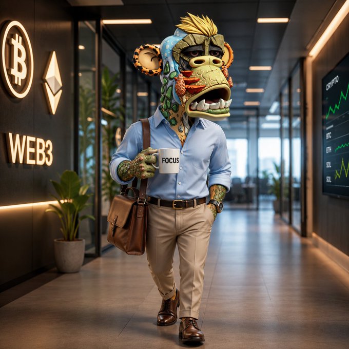 Stylized image of a character wearing a colorful, textured monster mask, holding a mug that says 'FOCUS', standing in a modern office hallway with 'WEB3' signage and crypto charts in the background.