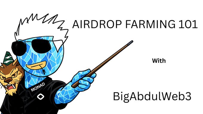 The image is a title slide reading "AIRDROP FARMING 101 with BigAbdulWeb3," featuring a cartoon mascot with a blue patterned face and sunglasses holding a pointer stick, alongside a snarling weasel character. It serves as the introductory graphic for a tutorial on identifying early airdrop opportunities in crypto, aligning with the post's theme of teaching tools and strategies for airdrop farming.