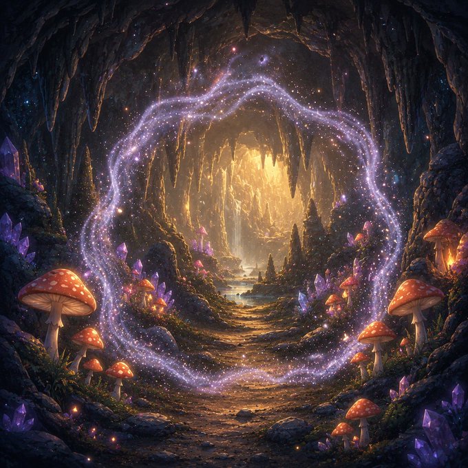 A glowing portal of swirling violet and gold light illuminates the entrance to a magical cavern filled with red-capped mushrooms and luminous purple crystals. The shimmering threshold of forgotten memories echoes the post's warning—that true presence cannot coexist with perfect recollection.