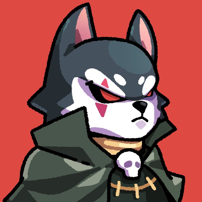 A digital drawing of an anthropomorphic dark gray and white husky dog with red eyes, wearing a dark green coat with a skull clasp and a stitched collar against a red background.