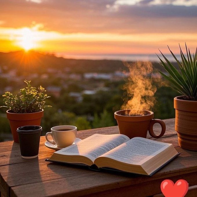 The image features an open book with coffee cups placed next to it on a wooden table outside at sunset. The scene suggests that someone has been reading or studying while enjoying their coffee. The setting appears to be peaceful, with the warm glow of the sun and the gentle breeze creating a relaxing atmosphere for the person engaged in these activities.