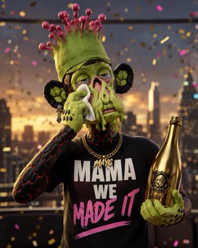 A green-skinned character with pink spiky hair cries while wiping their face, wearing a black shirt that reads 'MAMA WE MADE IT' and holding a gold champagne bottle amid falling confetti.