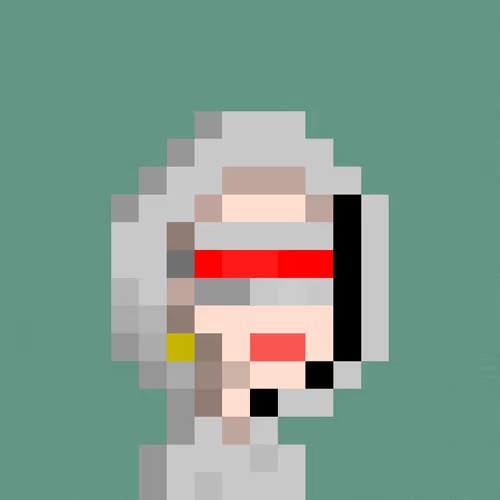 A pixel art character with white hair, a red band across the eyes, and dark clothing on a teal background.