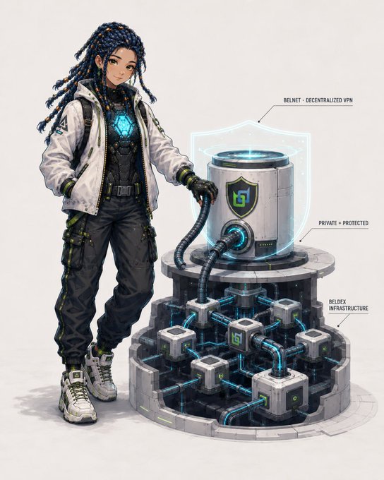 An anime-style character in a white jacket standing next to a glowing cylindrical device labeled "BELNET - DECENTRALIZED VPN" with text noting "PRIVATE + PROTECTED" and "BELDEX INFRASTRUCTURE" above interconnected servers.
