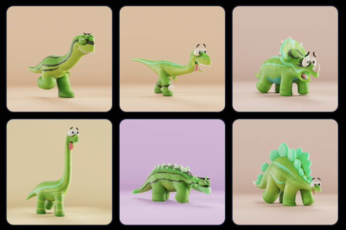 Six green cartoon dinosaur figures displayed in a grid, including variations like T-Rex, brontosaurus, triceratops, and stegosaurus in different poses.