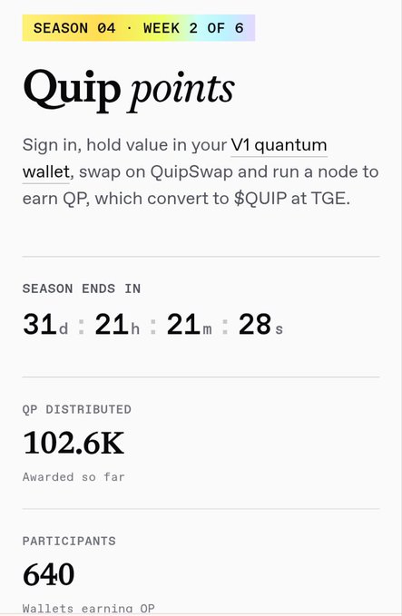 A Quip points dashboard showing Season 04, Week 2 of 6, with 102.6K QP distributed and 640 participants, ending in 31d 21h 21m 28s.