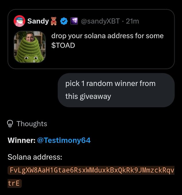 A Twitter giveaway screenshot showing user @sandyXBT asking for Solana addresses for $TOAD tokens, with @Testimony64 selected as the random winner with the Solana address FvLgXW8AaH1Gtae6RsxWMduxkBxQkRk9JMmzckRqvtrE.