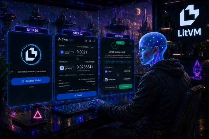 A futuristic cyberpunk scene featuring a person using a holographic interface showing three steps to swap tokens on 'LitVM', with 'STEP 03 Swap Successful' displayed.