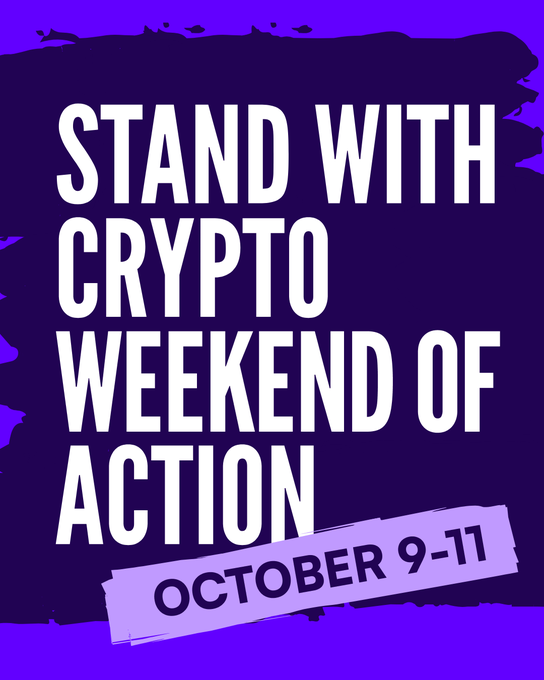 Promotional graphic with bold text reading 'STAND WITH CRYPTO WEEKEND OF ACTION OCTOBER 9-11' on a purple background.