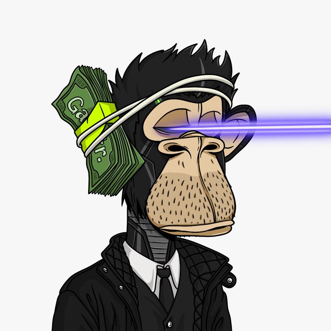 A cartoon gorilla in a suit and tie wears heart-shaped sunglasses with a blue laser beam shooting from them, while a stack of cash is strapped to its head.