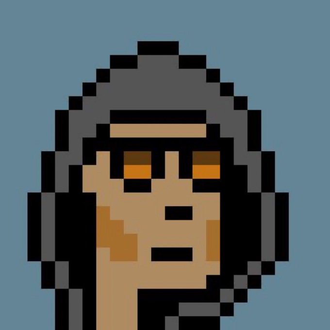 A low-resolution pixel art portrait of a hooded figure with glowing orange eyes against a blue background, representing the NFT that sold for 140 ETH ($240K). The blocky, minimalist aesthetic reflects the distinct digital art style of CryptoPunks, one of the earliest and most iconic NFT collections.