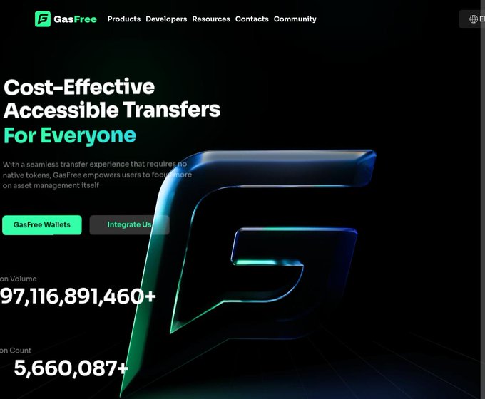 The image shows a website for a company named "GasFree". The website has a dark background with a large, blue logo that reads "GASFREE" in white letters. Below the logo, there are two columns of text providing information about the company's services and benefits. One column is titled "Cost-effective accessible transfers for everyone", while the other is titled "95,847+ USDT". The website also features a contact form where users can send transactions through GasFree.