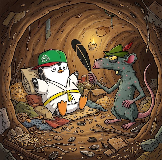 A cartoon illustration showing a penguin wearing a green cap and white robe sitting in a tunnel, being threatened by a scabby gray rat in a green hat wielding a feather, surrounded by scattered gold coins and treasures.
