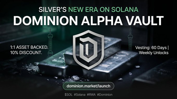 Promotional graphic for 'Dominion Alpha Vault' on Solana, advertising a 1:1 asset-backed silver token at a 10% discount with 60-day vesting and weekly unlocks.