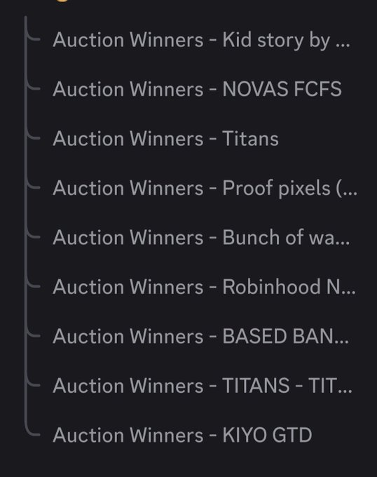 A dark menu list titled 'Auction Winners' with entries such as 'Kid story,' 'NOVAS FCFS,' 'Titans,' 'Proof pixels,' 'Bunch of wa...,' 'Robinhood N...,' 'BASED BAN...,' 'TITANS - TIT...,' and 'KIYO GTD.'
