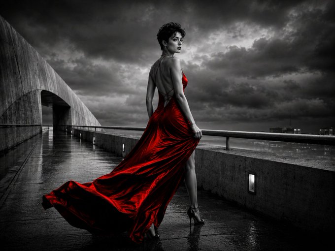 A dramatic photograph of a woman in a flowing red gown standing on a balcony, with the image featuring selective color against a black-and-white background of cloudy skies and architecture.