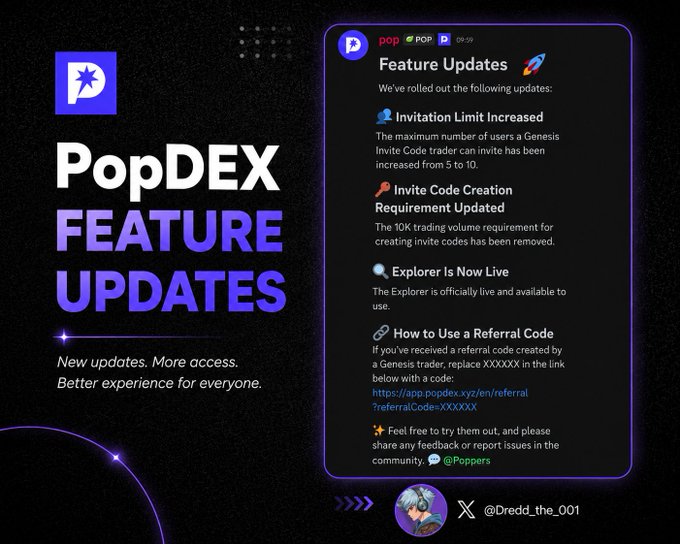 A promotional graphic titled "PopDEX FEATURE UPDATES" lists updates including increased invitation limits, removed invite code requirements, and a new Explorer feature, credited to "@Dredd_the_001".