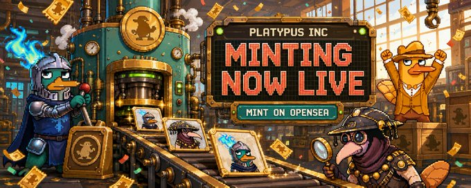 A promotional banner for 'PLATYPUS INC' announcing 'MINTING NOW LIVE' and 'MINT ON OPENSEA,' featuring cartoon platypus characters in a steampunk factory setting with machinery and gold coins.