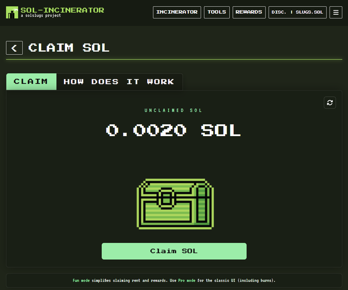 The SOL-Incinerator interface on solidgus.com showing 0.0020 unclaimed SOL with a green 'Claim SOL' button.