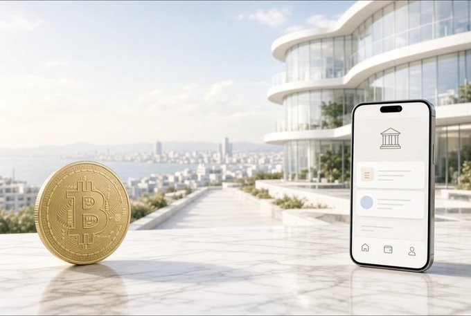 A Bitcoin coin sits on a marble ledge next to a smartphone displaying a banking app, with a modern curved building and coastal cityscape in the background.