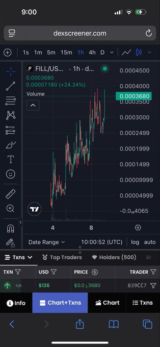 A DeX Screener trading chart showing the token FILL/USDC with a 24.24% increase over 1 hour.