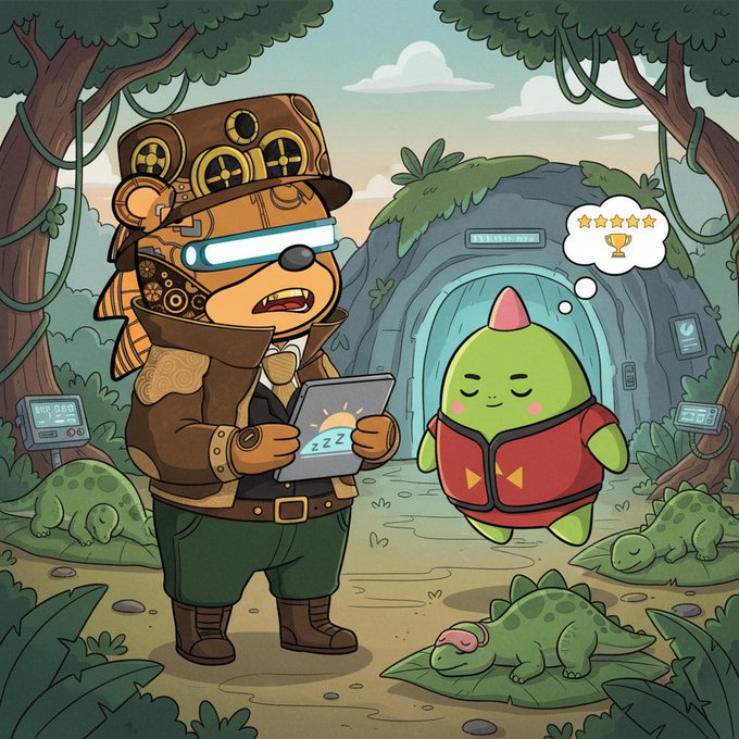 The image features a cartoon bear wearing a steampunk outfit, holding a tablet computer while standing next to a green dinosaur. The scene takes place in an outdoor setting with trees and rocks around them. The caption of the image reads "gm crew sleep is still the og biohack dino known it way before us @sleepagotchi making it fun and rewarding good sleep is the new 10000 steps one in four adults tracking sleep now used to be just one in ten five years ago".