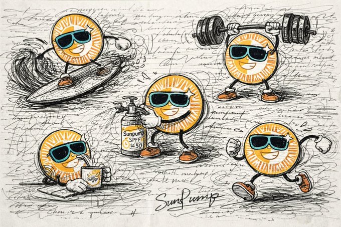 A hand-drawn sketch features five sun-like cartoon characters with sunglasses engaged in various activities like surfing, lifting weights, applying sunscreen, running, and drinking, signed by 'SunPump' with background scribbles.