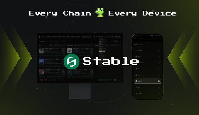 A promotional graphic for "Stable" features the tagline "Every Chain Every Device" with a green alien emoji, displaying a desktop monitor and smartphone showing the Stable interface. The post praises the fast speed and convenient operation of the platform, aligning with the image's emphasis on multi-chain and multi-device accessibility.
