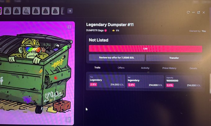 The image shows a digital collectible marketplace listing for a "Legendary Dumpster #11" NFT owned by the user, featuring an illustration of a dumpy-looking ape peeking out of a graffiti-covered dumpster on a pink background. The listing shows traits of 0.9% rarity for legendary and 0.9% capacity (1,000,000), with a review top offer of 7,3598 SOL, appearing to be an in-game item from the CyberKongz ecosystem that the poster is asking for opinions about.