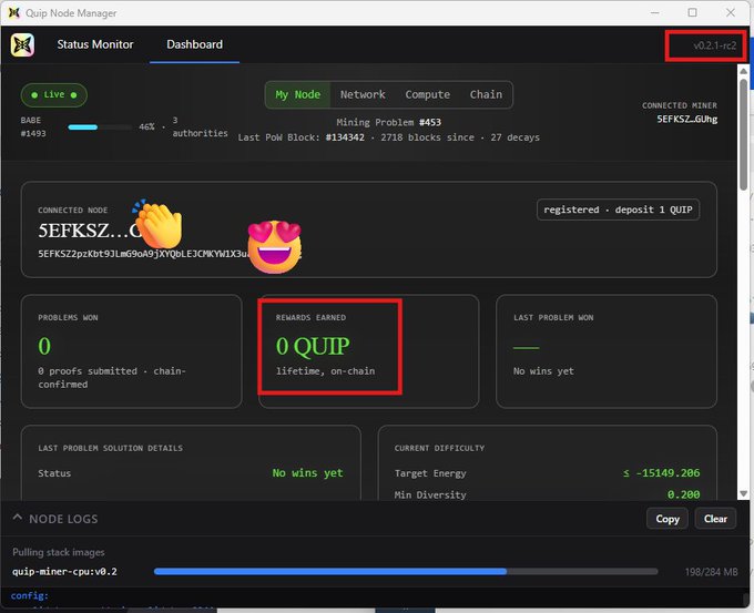 The screen displays a web browser showing a page with details about setting up a node using Quip Network Monitor. The text on the screen highlights that a QUIP Link has been created for a token of $QUIP, which can be used for managing serverless applications. The message also mentions that a GitLab account is created and that the deployment has just been updated to the latest version.