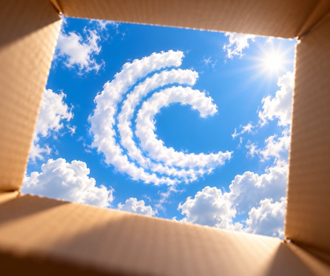 A view looking up from inside a cardboard box at a bright blue sky with clouds forming a spiral pattern and the sun shining.