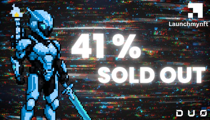 Promotional graphic for Launchmynft featuring a pixelated blue knight with text '41% SOLD OUT' against a distorted glitch background with 'DUO' logo.