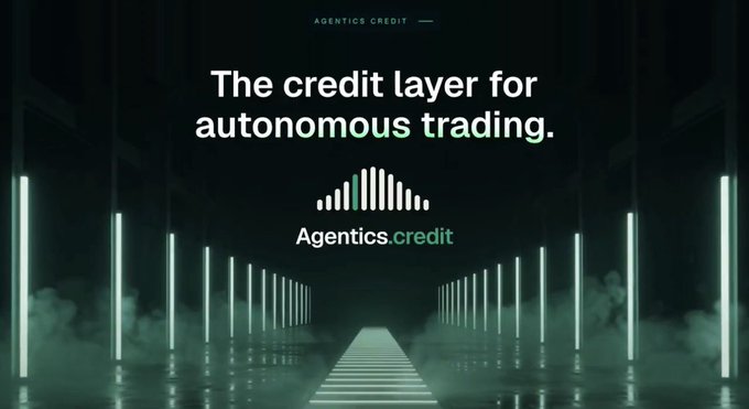 An advertisement for Agentics.credit, displaying the text "The credit layer for autonomous trading" over a futuristic green-lit corridor background.