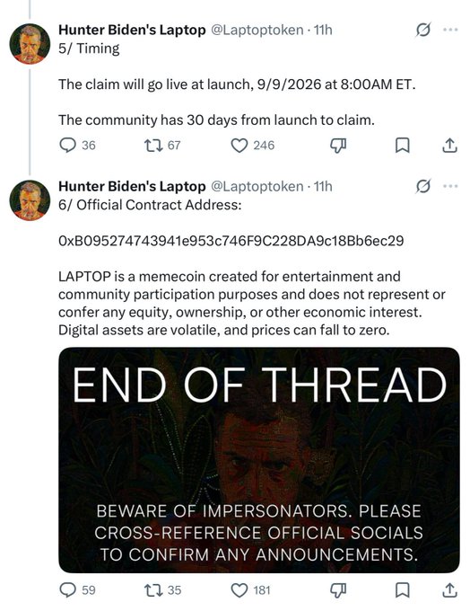 A Twitter thread from "Hunter Biden's Laptop @Laptoptoken" announcing a claim will go live on 9/9/2026 at 8:00AM ET with a 30-day claim window, providing an official contract address and noting "LAPTOP is a memecoin."