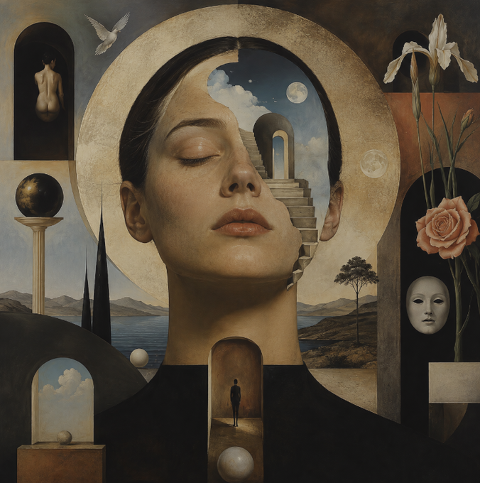 A surreal digital painting features a woman with closed eyes whose mind opens to a staircase leading to a moonlit sky, surrounded by symbolic imagery including a dove, irises, a rose, and a small figure in a doorway.