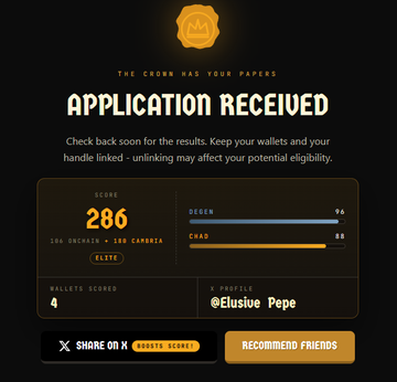 A digital application status screen titled 'APPLICATION RECEIVED' displaying a score of 286, social metrics (Degan 76, Chad 33), 4 wallets scored, and the X handle '@Elusive_Pepe'.