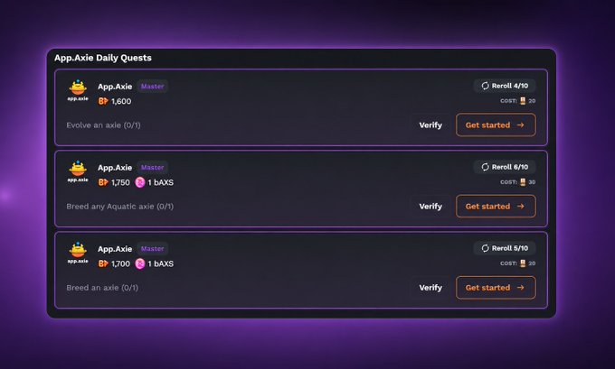A dark-themed "App.Axie Daily Quests" interface displays three purple-bordered quest cards rewarding up to 1,600 XP, 1,750 XP plus 1 bAXS, and 1,700 XP plus 1 bAXS for tasks like evolving and breeding axies, aligning with the post's mention of Lunacians checking the Bounty Board for purple quests to climb the ranks.