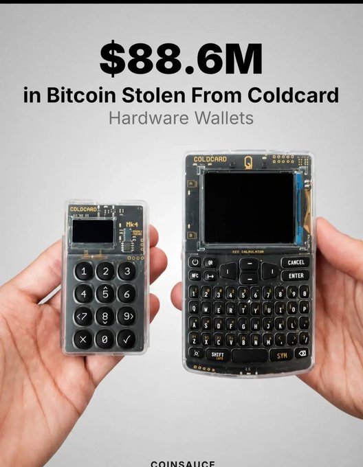 An article header from Coinsauce reporting '$88.6M in Bitcoin Stolen From Coldcard Hardware Wallets,' showing two Coldcard Mk4 and Q1 hardware wallets held in hands.