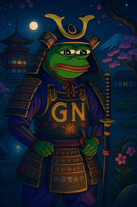 A digital illustration of a Pepe the Frog character dressed as a samurai, wearing traditional armor with the letters 'GN' on the chest piece, set against a nighttime Japanese backdrop with cherry blossoms and a pagoda.