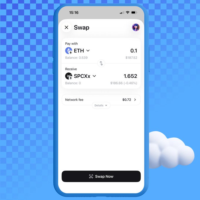 A smartphone screen displays a cryptocurrency swap interface, exchanging 0.1 ETH for 1.652 SPCXx with a network fee of $0.72, against a blue checkered background.