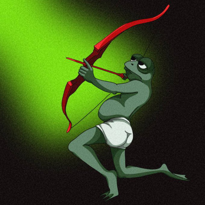 An animated green frog wearing white shorts aims and draws back a red bow and arrow against a dark green and black background.