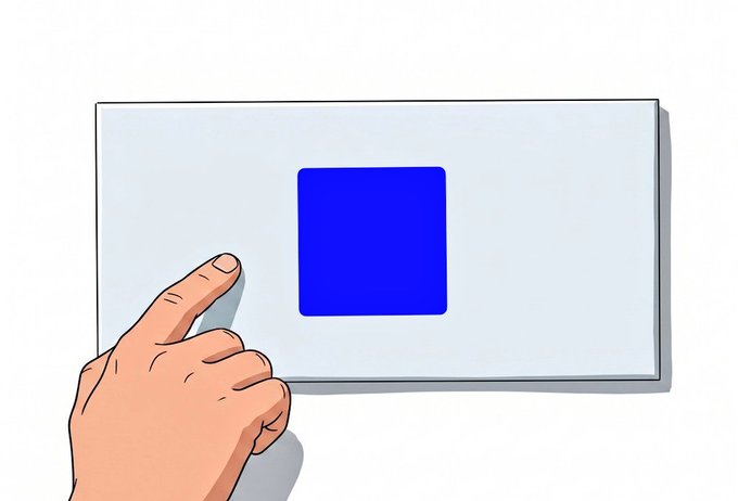 The image features a hand pointing at a square blue object that appears to be a button or a switch. The background is white, which contrasts with the blue square. The caption of the image reads "GA Base builder base dropped the MCP announcement and it' s a big win, we can have ai agents helping with our swaps and lending on @base but with full control we still approve every single transaction".