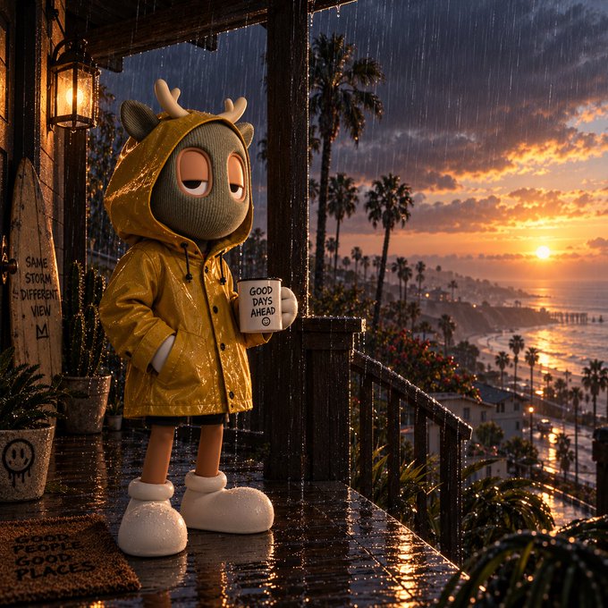 A stylized illustration of a cute character wearing a yellow deer-antlered raincoat, holding a 'Good Days Ahead' mug on a rainy balcony overlooking a sunset beach scene with palm trees.