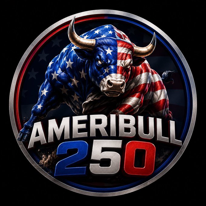 A circular emblem features a muscular bull painted in the American flag design charging forward, with bold text reading "AMERIBULL 250" against a patriotic red, white, and blue backdrop. The image visually reinforces the post's promotion of the $AMERIBULL low-cap token, tying the "Ameribull" name to patriotic American imagery to hype its supposed moonshot potential on Solana.