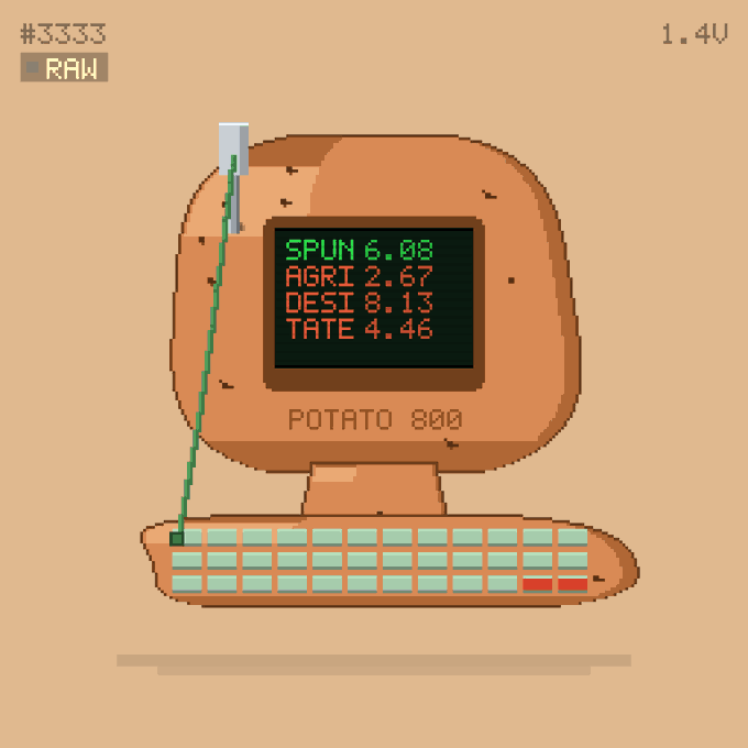 A vintage "POTATO 800" computer displays stats: SPUN 6.08, AGRI 2.67, DESI 8.13, TATE 4.46, with a stylus connected to a keyboard. The image promotes a sold-out Potato NFT collection on OpenSea with an upcoming reveal.