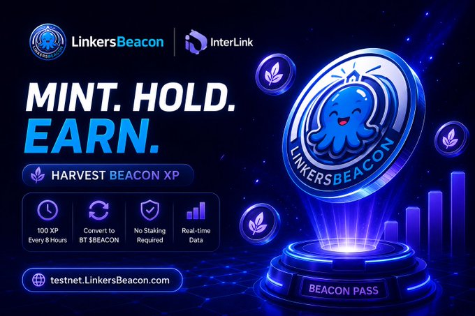 A promotional graphic for 'LinkersBeacon' by InterLink featuring a blue octopus mascot, a 'BEACON PASS' coin, and text reading 'MINT. HOLD. EARN.' and 'testnet.LinkersBeacon.com'.