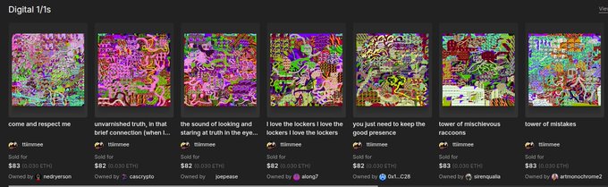 A screenshot of a digital art marketplace called 'filmnness' displaying colorful abstract NFT-style artworks titled 'come and respect me', 'unvarnished truth...', 'the sound of looking...', 'i love the lockers...', 'you just need to keep the brief presence', 'tower of mischievous brief presence', and 'tower of mistakes', each sold for $82 worth of ETH by various owners.