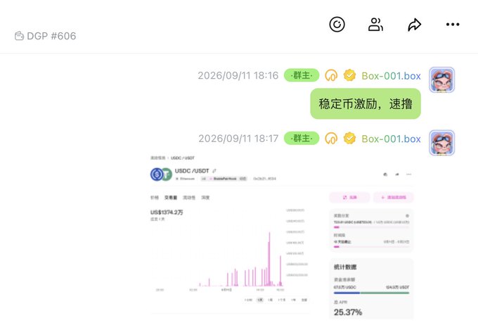 The image shows a chat message in a group called "DGP #606" where a user shares a screenshot of the USDC/USDT liquidity pool on Binance, showing a 4.2万 APR of 25.37%, with the message "稳定币激励, 速撸" (Stablecoin rewards, farm quickly). This relates to the post about a new USDT-USDC protocol being shared among community members to encourage early participation in liquidity farming.