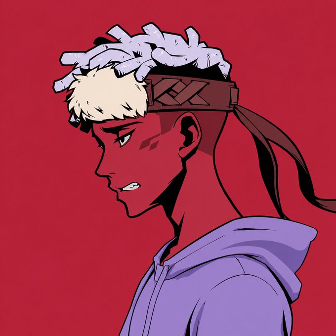 An anime-style illustration of a character with bleached blonde hair, a dark headband with long trailing ribbons, and a purple hoodie against a red background.